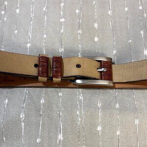 Tommy Bahama Tan Leather Belt Brown Trim Silver Buckle Made in Spain women's - L